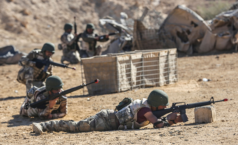 Iraqi security forces (ISF) execute a react-to-contact drill 1 February 2017 during training at Al Asad Air Base, Iraq.