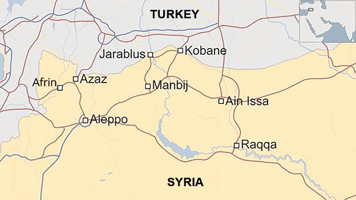 Manbij is located near Syria’s border with Turkey and close to Aleppo and Raqqa