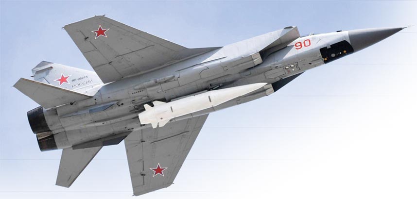 A Kh-47M2 Kinzhal carried by a Mikoyan MiG-31K interceptor