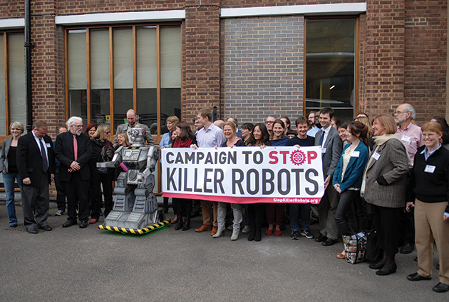 Protest leaders organize a worldwide campaign to stop development of autonomous intelligence lethal weapons on 22 April 2013 in London.