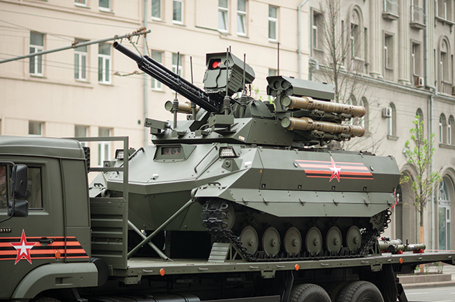 A Russian Uran-9, an armed robot, is displayed during a parade rehearsal 6 May 2018 in Moscow.