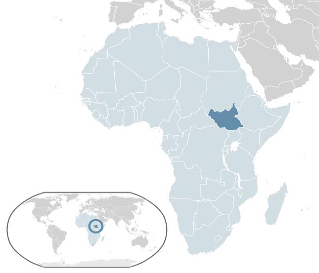 The map depicts the location of the Republic of South Sudan (widely referred to as South Sudan) on the African continent.
