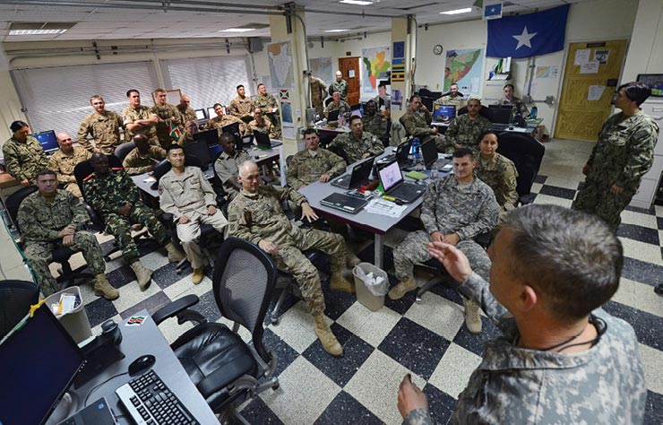 Contingency operations are discussed during a Combined Joint Task Force–Horn of Africa (CJTF–HOA) Fusion Action Cell meeting July 2015.