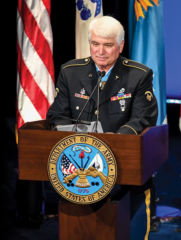 Former Spec. 5 James C. McCloughan gives his remarks 1 August 2017 during the Medal of Honor Hall of Heroes induction ceremony at the Pentagon in Arlington, Virginia.