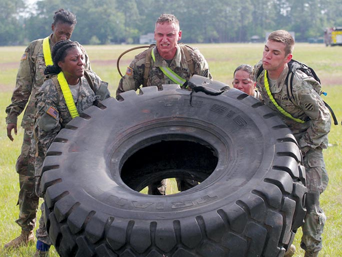Soldiers from 135th Quartermaster Company, 87th Combat Sustainment Support Battalion, 3rd Infantry Division Sustainment Brigade (3SB) flip a tire