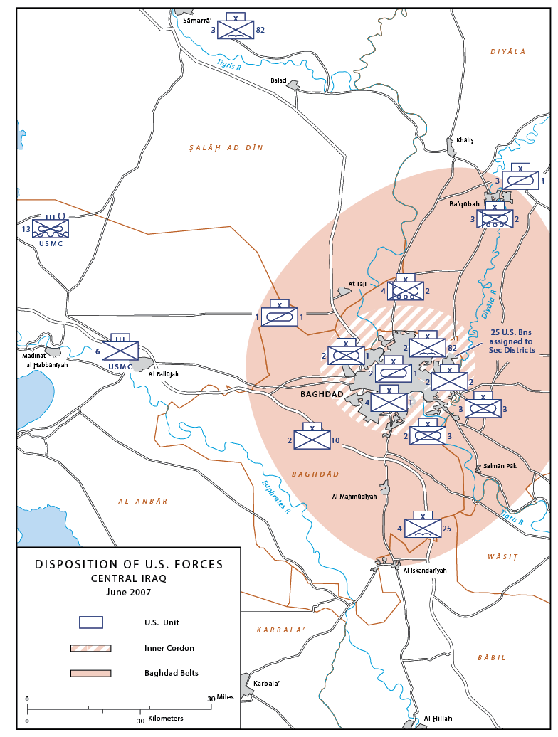 Figure 3. Disposition of U.S. Forces Central Iraq, June 2007 (Graphic courtesy of U.S. Army Center of Military History)