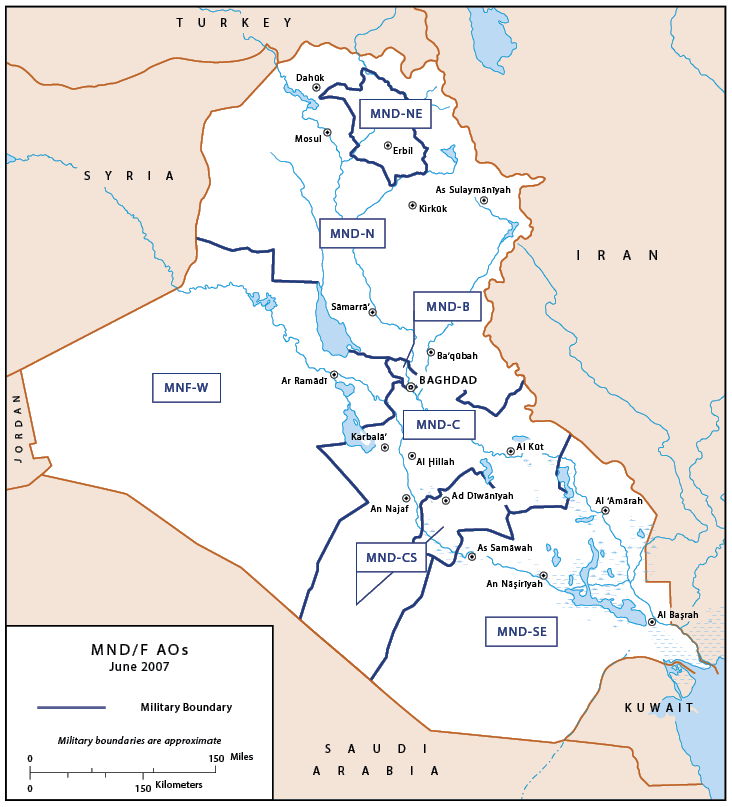 Figure 4. Multinational Divisions (MNDs) / Forward Areas of Operations (FAOs), June 2007 (Graphic courtesy of U.S. Army Center of Military History)