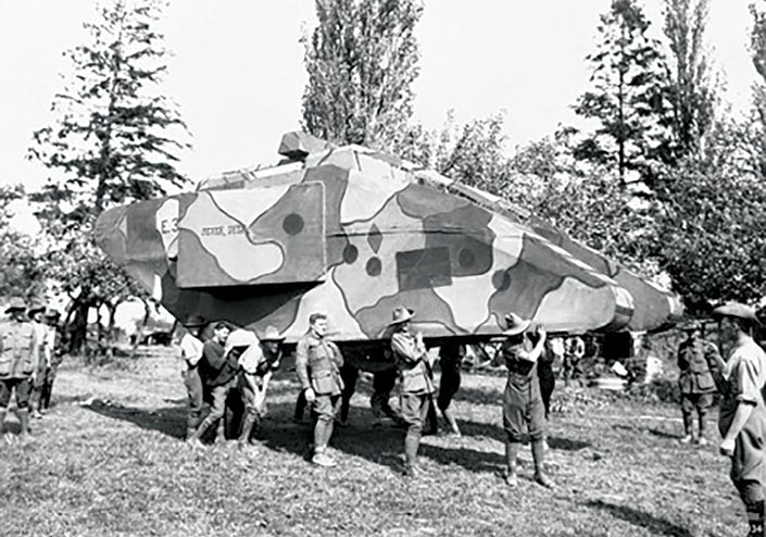 Australian troops carry a dummy tank 17 September 1918 that was built to mislead the Germans during the following day’s attack on Le Verguier and the Hindenburg Outpost Line by the 1st and 4th Divisions.