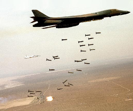 A B-1B Lancer bomber aircraft drops cluster munitions 5 November 2002