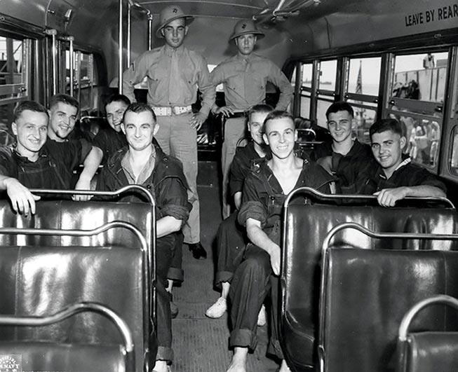 Junior members of U-118’s crew arrive 20 June 1943 for physical examination and initial POW processing at Naval Operating Base Norfolk Hospital in Norfolk, Virginia.