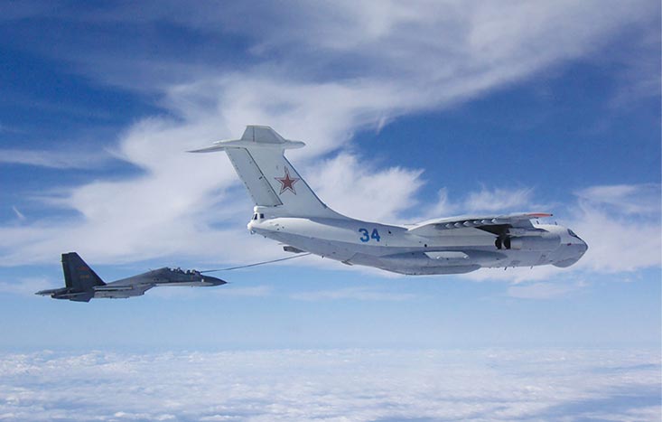An undated photo of an Su-30MKK in midair refueling with a Russian-made Il-78 Midas tanker.