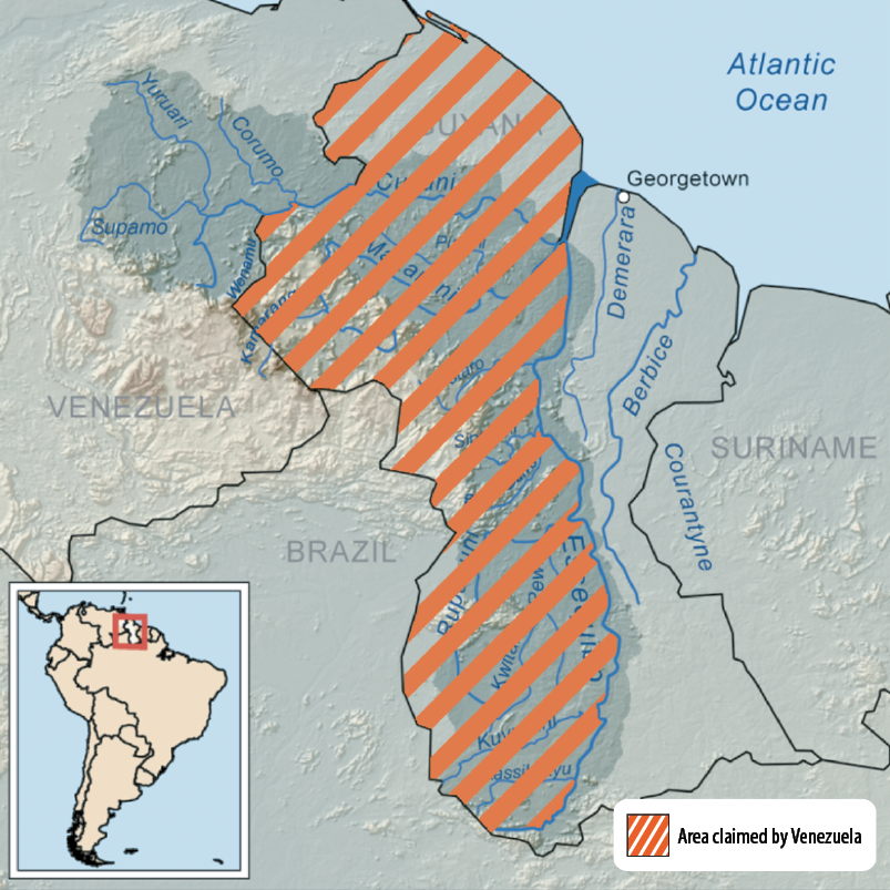 Figure 2. Venezuela-Guyana Border Region and Territory Claimed by Venezuela (Map courtesy of Kmusser and Kordas via Wikimedia Commons)