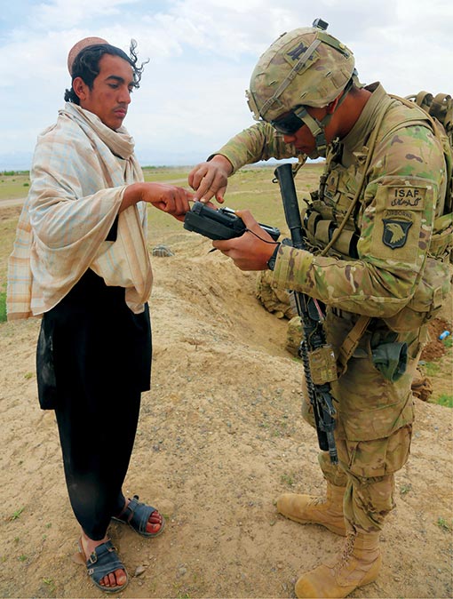 Spc. Jordon Purgat (<i>right</i>), assigned to the 1st Battalion, 187th Infantry Regiment, fingerprints an Afghan villager 7 May 2013 during Operation Shamshir VI in Khoti Kheyl, Zormat District, Afghanistan.