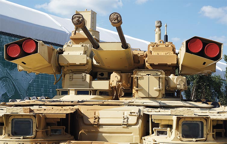 A Boyevaya Mashina Podderzhki Tankov (BMPT) tank support fighting vehicle, also known as the “Terminator”