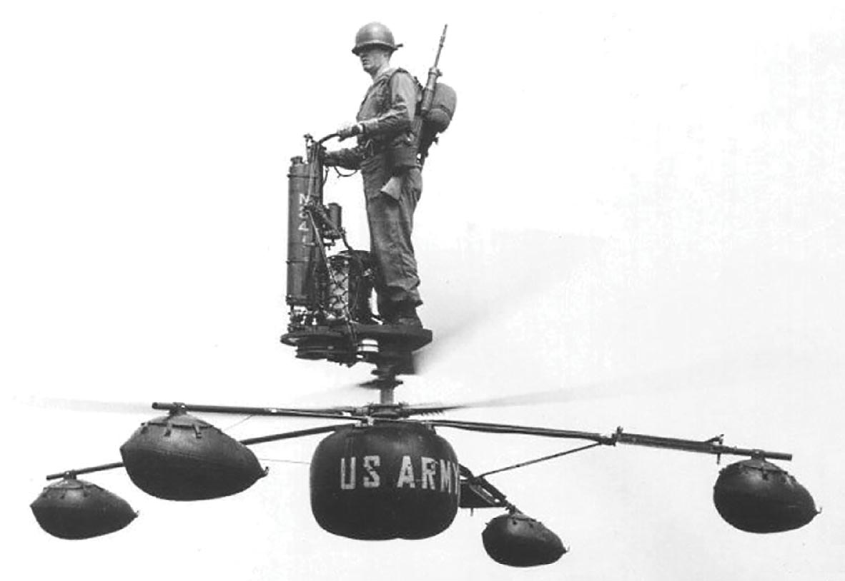 The Army’s experimental one-man helicopter during a test flight in 1957. The De Lackner DH-4 Heli-Vector was later redesignated and renamed HZ-1 Aerocycle.