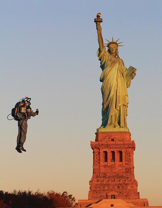 JetPack Aviation's CEO David Mayman demonstrates the JB-9 jetpack in November 2015 in front of the Statue of Liberty in New York City.