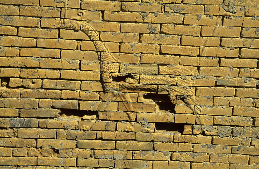 Relieve de Mušhuššu (dragón) en el muro oeste de la puerta Ishtar en Babilonia, Irak, en 2002. Los investigadores concluyeron que gran parte de los daños en las figuras mušhuššu, cuando se usaba el área como base para fuerzas de EUA y Polonia, aparentemente eran ocasionados al mismo tiempo por una persona o personas que intentaban quitar los ladrillos decorativos de las figuras. Un informe de la UNESCO de 2009 y un informe del Departamento de Estado de EUA en 2010 extensamente documentaron los daños atribuidos a la excavación y construcción relacionadas con el establecimiento del Campamento Alfa en 2003 y 2004. (Foto: Jane Sweeney, Art Directors y TRIP/Alamy Stock Photo)