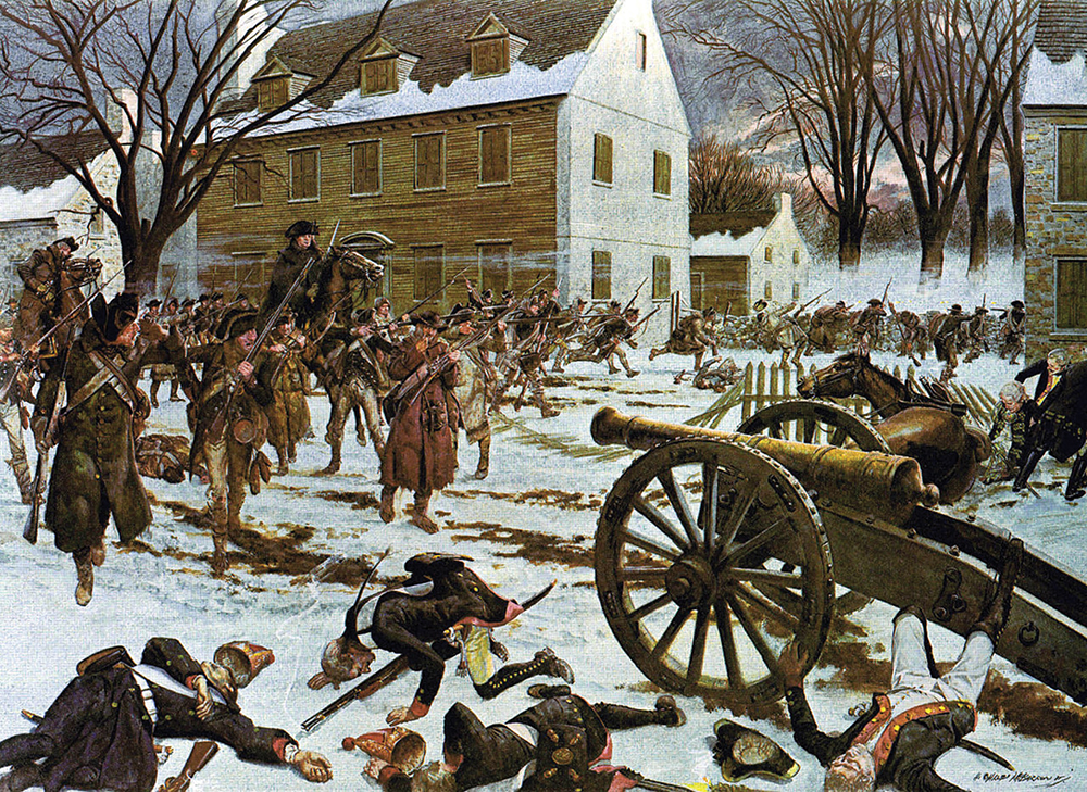 Batalla de Trenton (julio de 1975), pintura de Hugh Charles McBarron Jr. La pintura muestra al general George Washington guiando a sus fuerzas el 25 de diciembre de 1776 en un ataque sorpresa contra una guarnición de mercenarios hessianos en Trenton, Nueva Jersey. (Imagen: Centro de Historia Militar del Ejército de Estados Unidos)