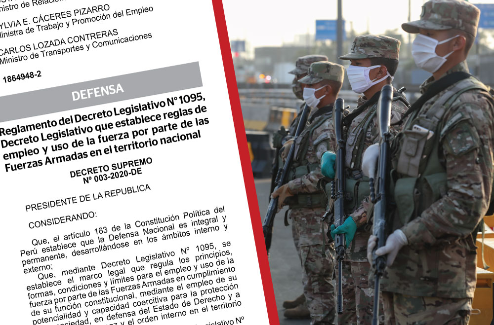 Decreto Supremo que aprueba el Reglamento del Decreto Legislativo Nro. 1095, en el cual se establecen las reglas de empleo y uso de la fuerza por parte de las Fuerzas Armadas en territorio nacional. (Documento: Ministerio de Defensa; Foto: Ministerio de Defensa del Perú via Flickr, CC BY 2.0)
