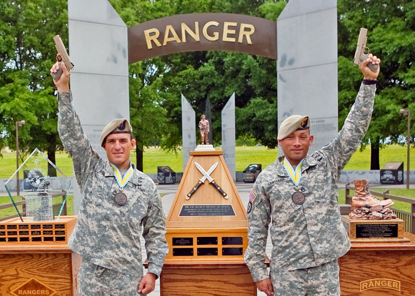 Sgt. 1st Class Timothy S. Briggs (left) and Sgt. 1st Class Raymond M. Santiago, representing the Ranger Training Brigade at Fort Benning, Ga., won the 2013 David E. Granger Best Ranger Competition on April 14, 2013. (Photo by Patrick Albright)