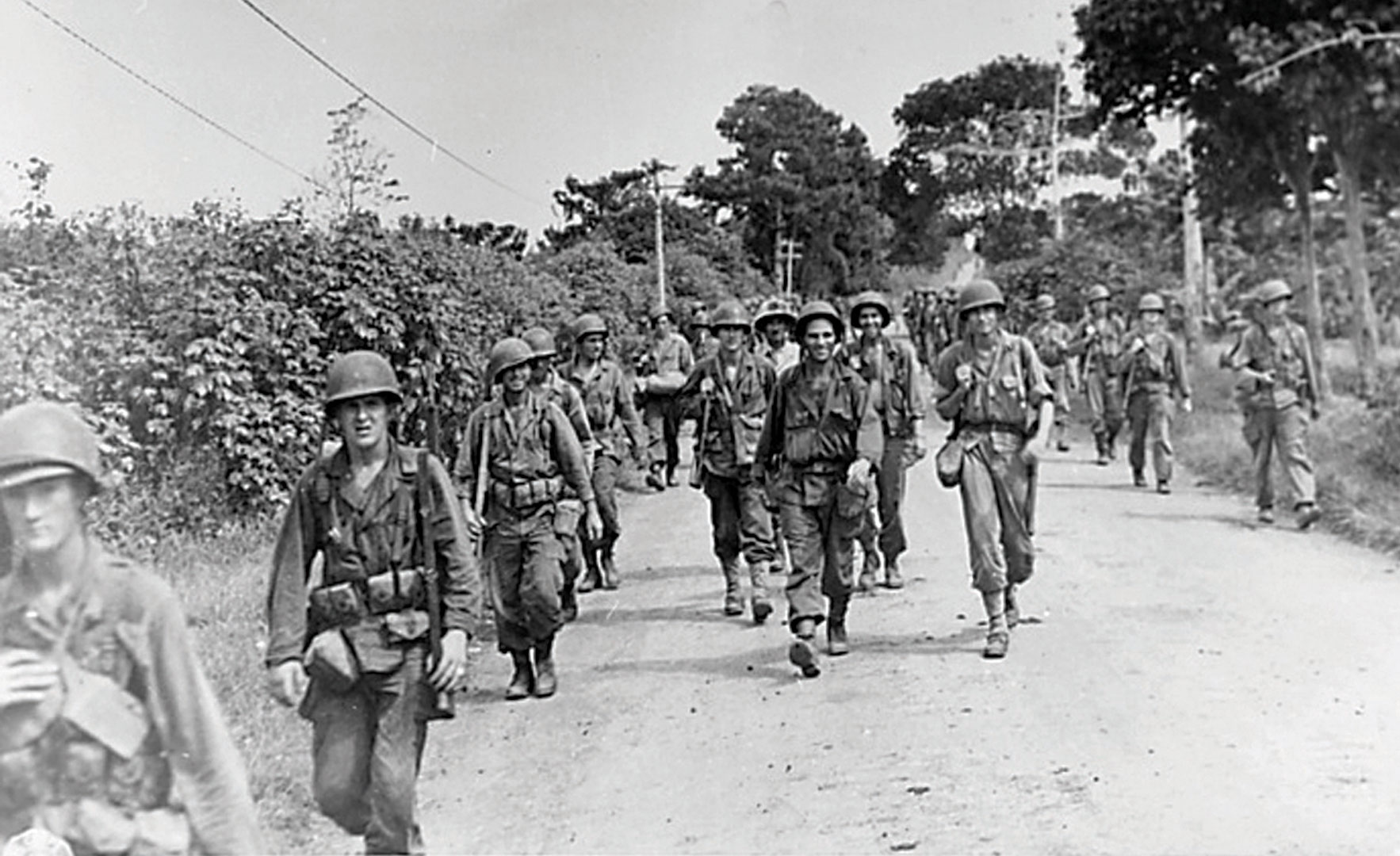 Soldiers from the 40th ID arrive at Malaybalay, Mindanao, Phillippines, May 26, 1945. (Photo courtesy of the California State Military History Museum)