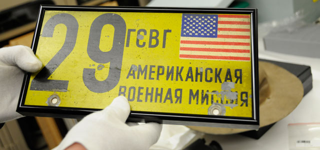 Old license plate that was used during a military liaison mission in Europe.