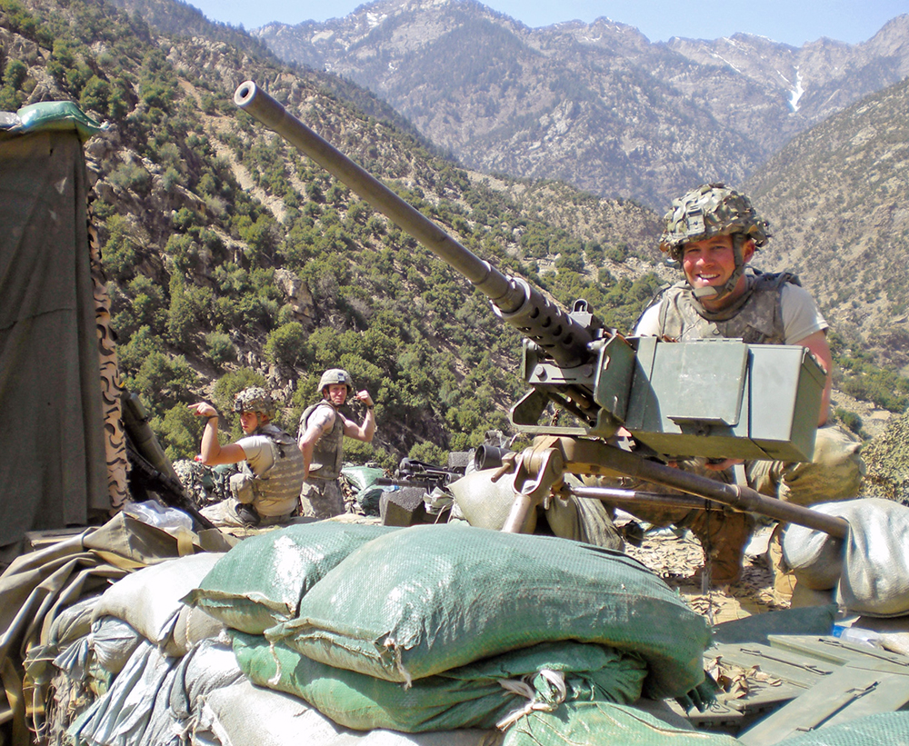 From left, Spc. William Hewitt, Cpl. Jonathan R. Ayers and Spc. Chris McKaig pull security at Observation Post 1 near Combat Outpost Bella, Afghanistan, in the spring of 2008. (Photo courtesy Staff Sgt. Ryan Pitts)