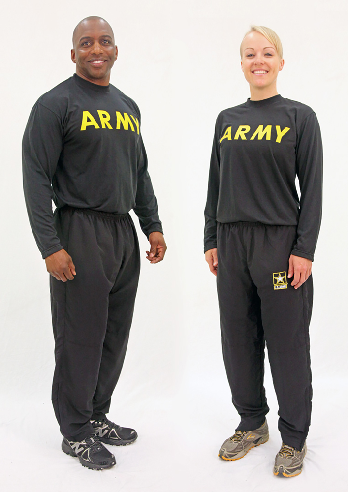 Lewis and McCollum model the long-sleeve T-shirt and pants of the APFU. (Photo courtesy of the U.S. Army)