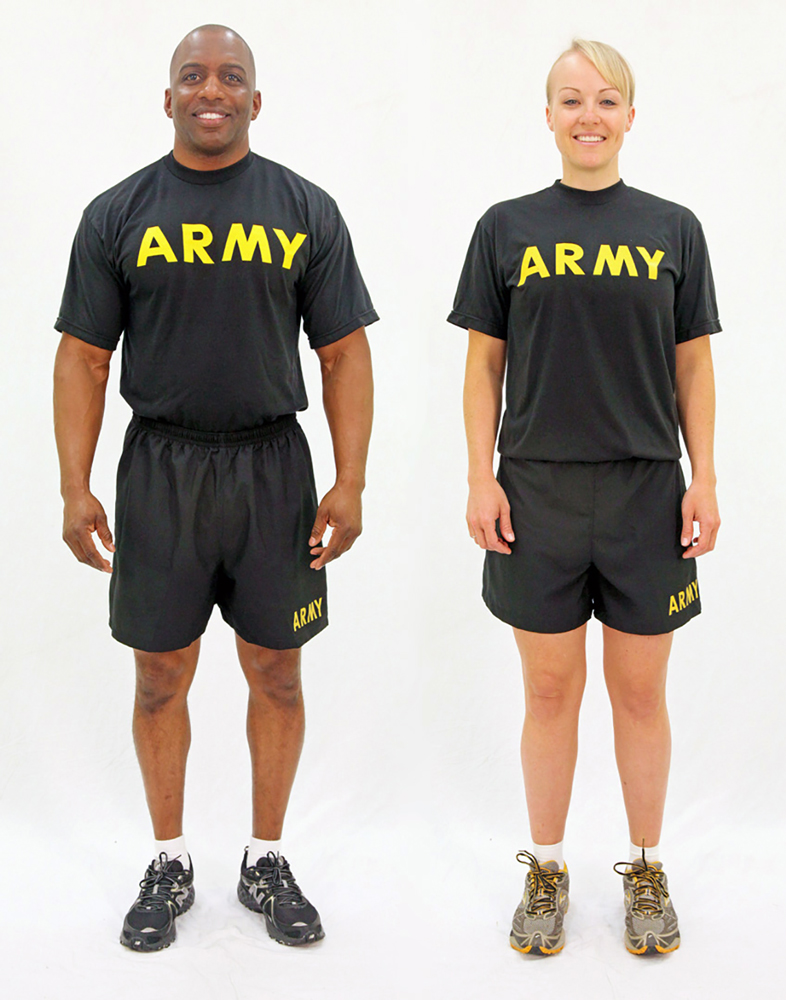 Master Sgt. Dwayne A. Lewis and Capt. Leala McCollum model the short-sleeve T-shirt and shorts of the new Army Physical Fitness Uniform. (Photo courtesy of the U.S. Army)