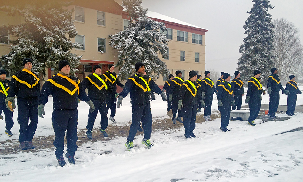 Soldiers testing the new Army Physical Fitness Uniform conduct physical training last winter at Fort Wainwright, Alaska. (Photo courtesy of the U.S. Army)