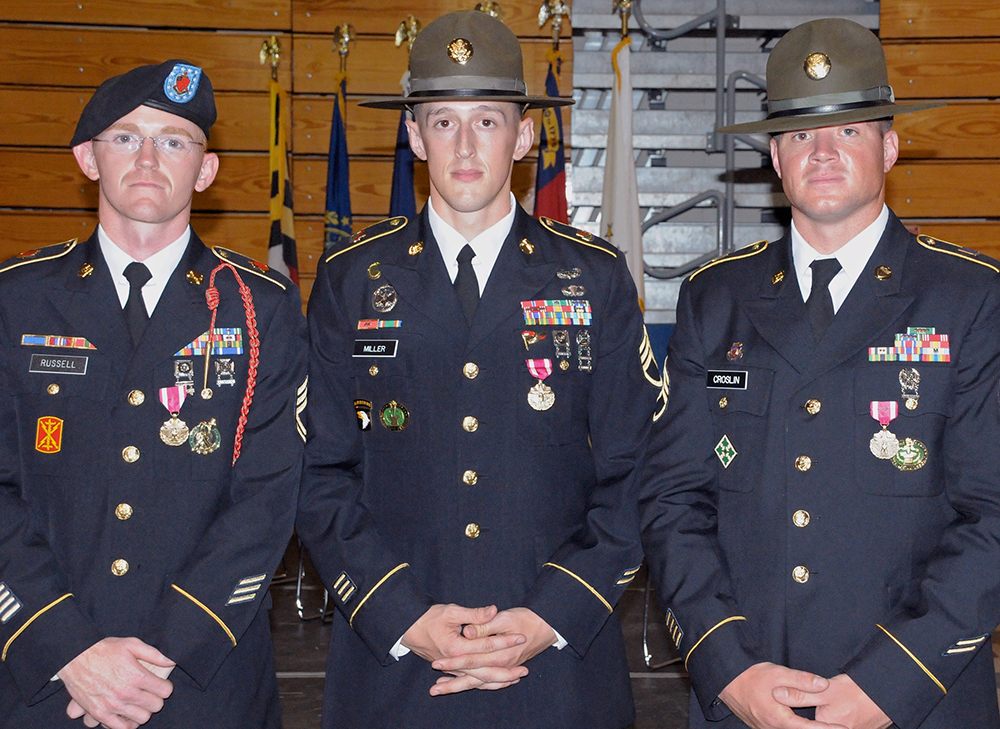 From left to right, the AIT Platoon Sergeant of the Year, Sgt. 1st Class Thomas Russell; the Drill Sergeant of the Year, Staff Sgt. Jonathan Miller; and the Army Reserve Drill Sergeant of the Year, Staff Sgt. Christopher Croslin. (Photos by Jonathan (Jay) Koester)