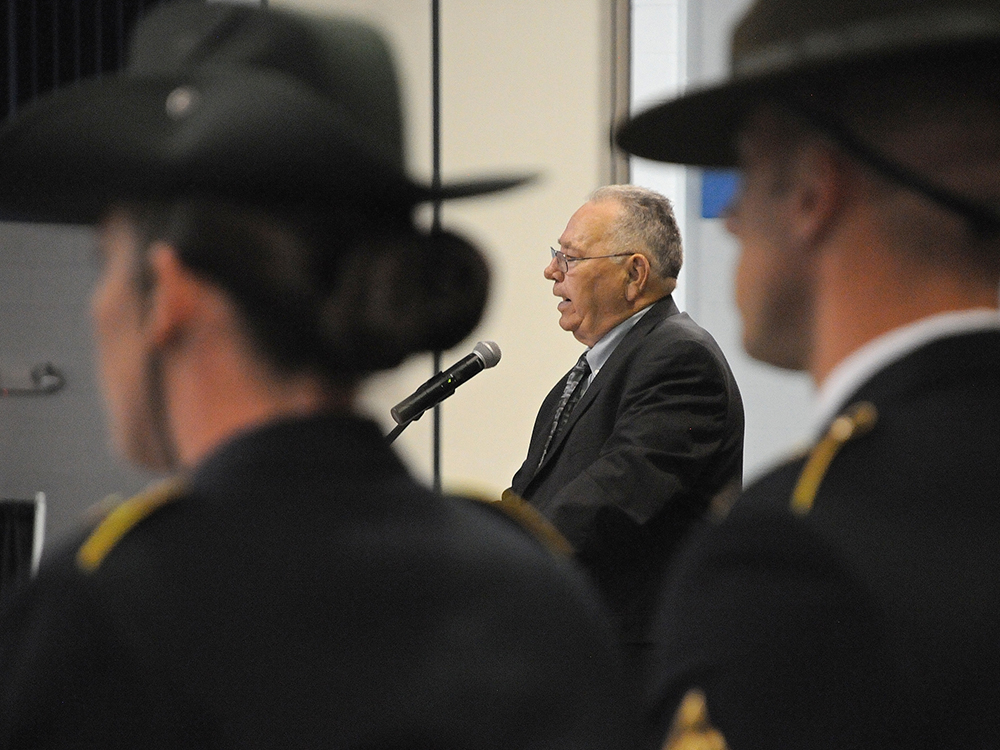 Command Sgt. Maj. (Retired) Allen Carpenter speaks at the awards ceremony Thursday at Fort Jackson, S.C. Carpenter was the first Drill Sergeant of the Year.