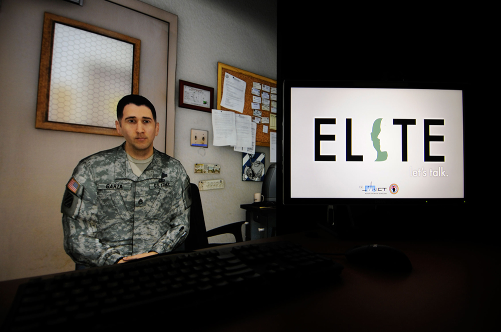 Leaders who go through the ELITE virtual training sit at a computer facing the virtual Staff Sgt. Jacob Garza. They will use the computer screen and mouse to choose responses to what Garza says. (Photos by Jonathan (Jay) Koester, NCO Journal)