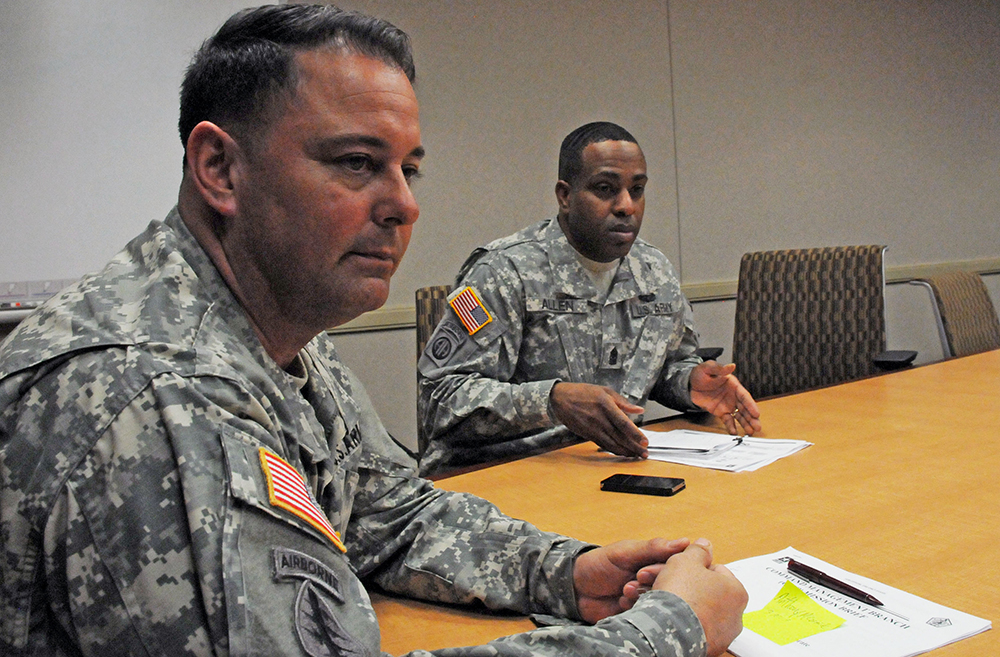 Sgt. Maj. Felix RamosRosario (left), HRC’s Command Management Branch sergeant major, urges the senior enlisted population of the Army to remain flexible when competing for promotion. Sgt. Maj. Rodney Allen, former senior NCO at HRC’s Enlisted Personnel Management Directorate, says programs such as Centralized Selection Lists, the Qualitative Management Program and the Qualitative Service Program are going to have a significant impact on Soldiers. (Photo by Martha C. Koester)