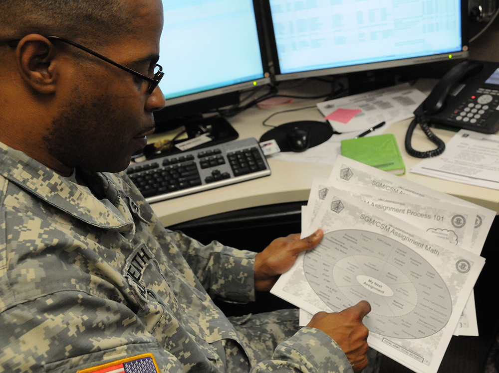 Sgt. Maj. Ron Culbreath, chief of the Sergeants Major Branch at U.S. Army Human Resources Command at Fort Knox, Ky., describes the assignment process for sergeants major and command sergeants major. (Photo by Martha C. Koester)