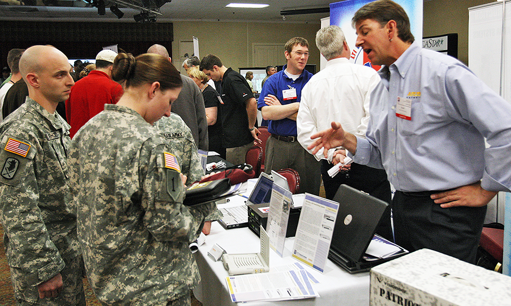 The Soldier For Life–Transition Assistance Program aims to help Soldiers develop career skills for the civilian world as they transition out of the military. Soldiers (above) meet with civilian recruiters at a recent job fair at Fort Huachuca, Ariz. (Photo by Rob Martinez)
