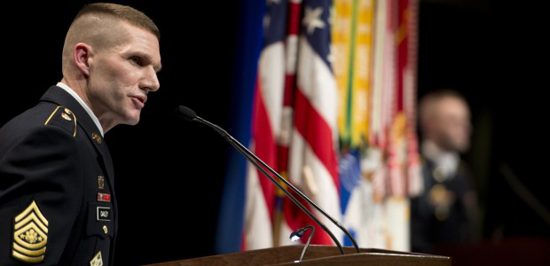 Sgt. Maj. Daniel A. Dailey addresses crowd at swearing in ceremony as 15th Sergeant Major of the Army.