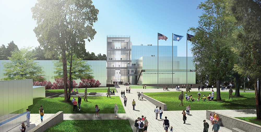 The front of the new National Museum of the United States Army at Fort Belvoir, Va., can be seen in this artist’s rendering. (Photo courtesy of the Army Historical Foundation)