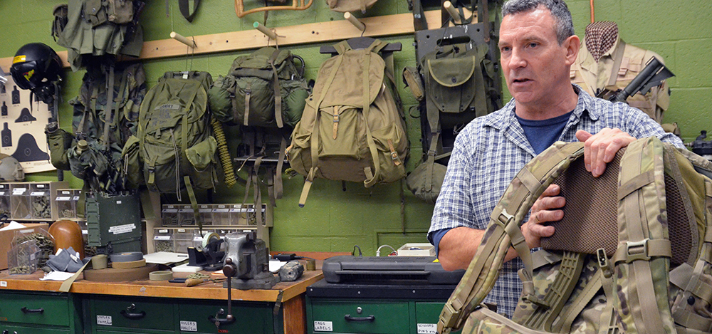 “I always keep old stuff on the walls because I learn so much from it,” said Rich Landry, individual designer in Load Carriage Systems, Product Manager Soldier Clothing and Individual Equipment, Natick Soldier Systems Center, Natick, Mass. (Photos by Martha C. Koester / NCO Journal)