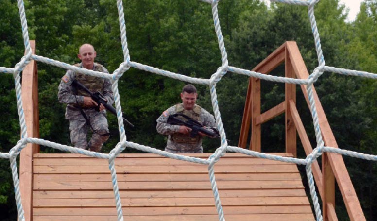 Army Research Laboratory’s Staff Sgt. David A. Hoisington (<i>left</i>) and Sgt. 1st Class John C. Hardwick demonstrate how testing is performed at the Soldier Performance and Equipment Advanced Research facility at Aberdeen Proving Ground, Md.