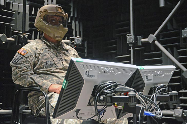 Sgt. 1st Class John C. Hardwick sees how testing of advanced combat helmets is done at Army Research Lab’s Environment for Auditory Research.