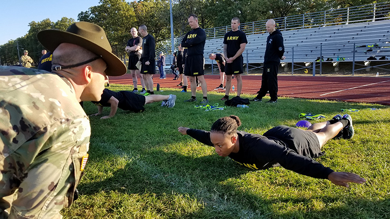 A U.S. Army Soldier conducts the Hand-Release Push-Up event of the Army Combat Fitness Test, Oct. 19, 2017. (U.S. Army photo courtesy of U.S. Army Center for Initial Military Training)