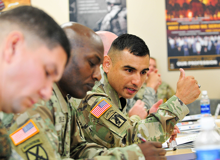 Command Sgt. Maj. Jacinto Garza, the 8th Theater Sustainment Command’s senior enlisted leader, stresses the importance of building relationships during the Joint Senior Enlisted Logistics Forum (JSELF)