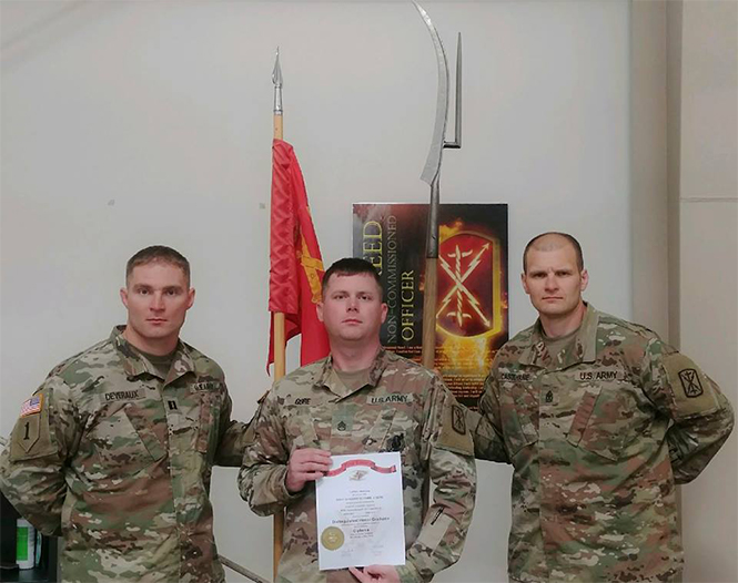 SSG Stephen J. Gore from Bravo Battery 1st Battalion, 94th Field Artillery Regiment earned the title of Distinguished Honor Graduate for Multiple Launch Rocket System Platoon Sergeant Senior Leader Course 002-18.