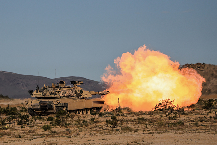 A U.S. Army M1A2 Abrams assigned to 2nd Armored Brigade Combat team “Blackjack”, 1st Cavalry Division, Fort Hood, Texas, fires at a simulated target during Decisive Action Rotation 19-06 at the National Training Center (NTC) in Fort Irwin, Calif., April 19, 2019