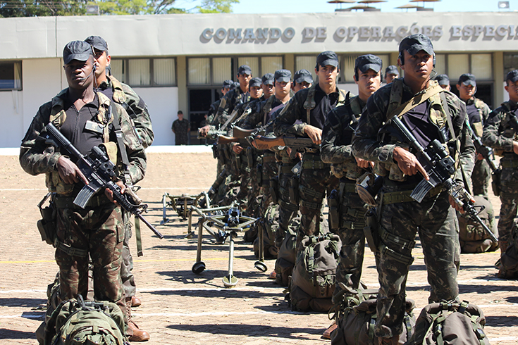 Brazilian army special operators line up to showcase some of their equipment and capabilities