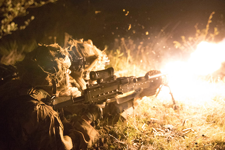 A group of 173rd Airborne Brigade paratroopers fire an M240 Bravo machine gun at enemy forces on the objective during Exercise Immediate Response at Vojarna Josip Jovic Airbase, Udbina, Croatia, May 16, 2019