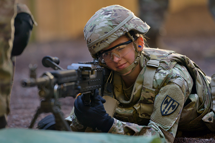 U.S. Army Pvt. 2nd Class Grace Prakin, assigned to 554th Military Police Company, aims an M240B light machine gun during a Local Range Density weapons qualification exercise