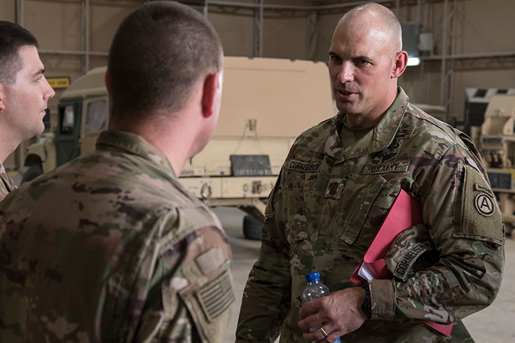 Command Sergeant Major of U.S. Army Central, Joseph C. Cornelison, speaks to Soldiers with 1-62 Air Defense Artillery