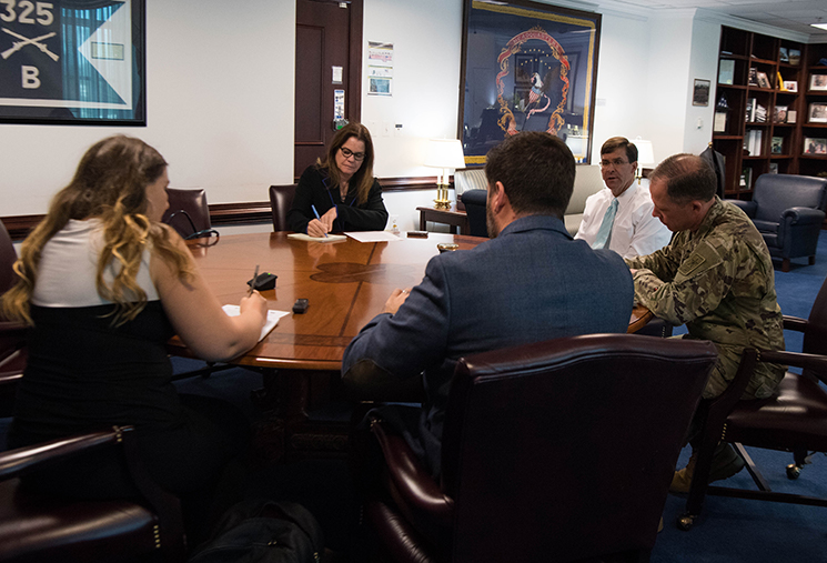 Secretary of the Army Dr. Mark T. Esper hosts a media roundtable to discuss the new U.S. Army Talent Management program